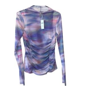 Anthropologie Purple Abstract Mesh Ruched Long Sleeve Mock Neck Top NWT S